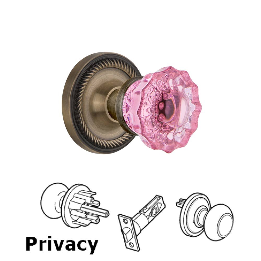 Nostalgic Warehouse - Privacy - Rope Rose Crystal Pink Glass Door Knob in Unlaquered Brass