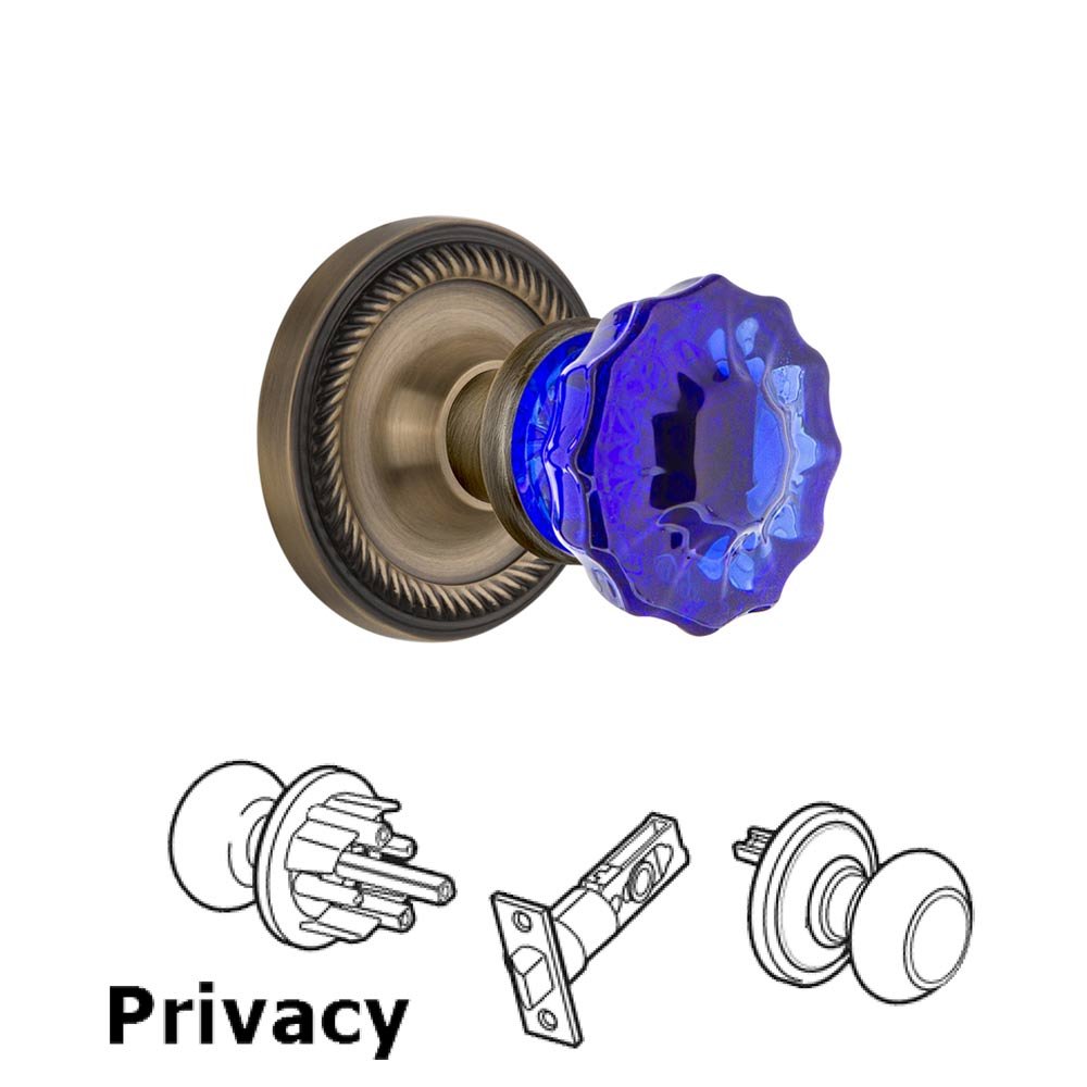 Nostalgic Warehouse - Privacy - Rope Rose Crystal Cobalt Glass Door Knob in Oil-Rubbed Bronze