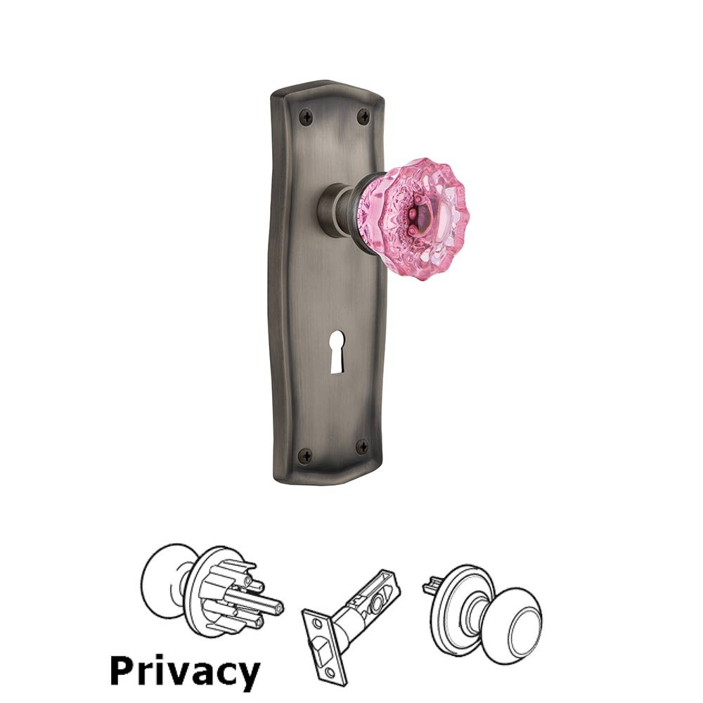Nostalgic Warehouse - Privacy - Prairie Plate with Keyhole Crystal Pink Glass Door Knob in Antique Pewter