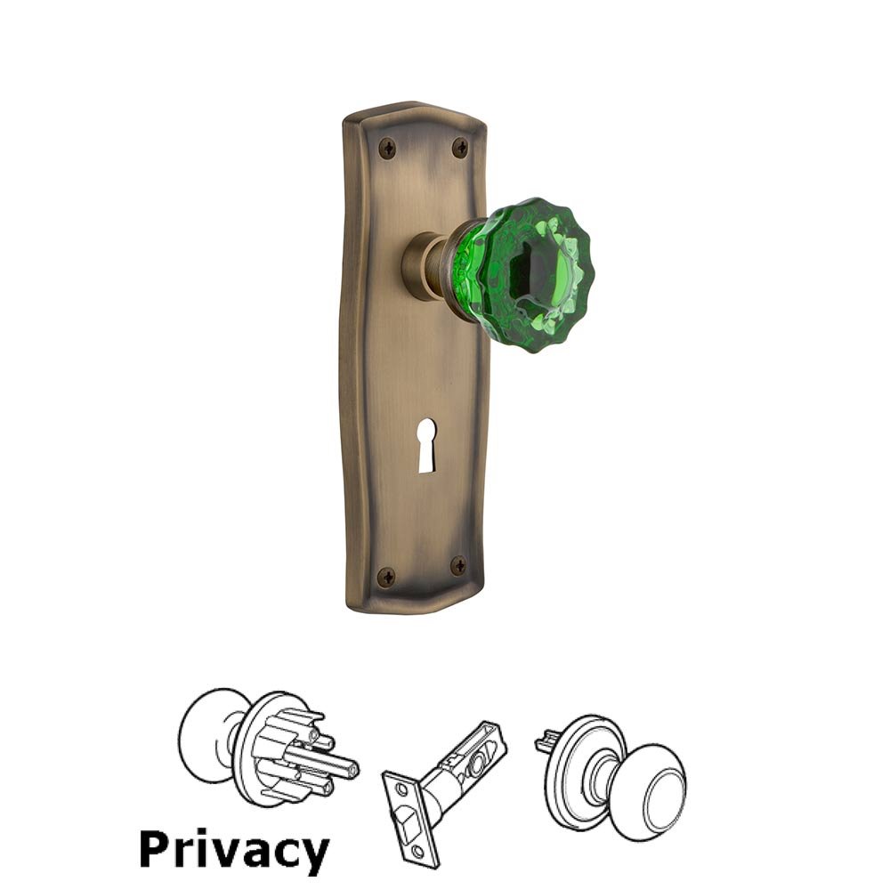 Nostalgic Warehouse - Privacy - Prairie Plate with Keyhole Crystal Emerald Glass Door Knob in Antique Brass
