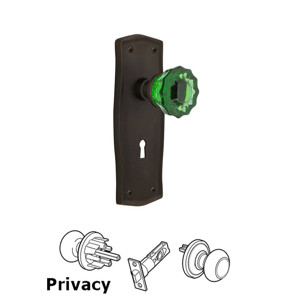 Nostalgic Warehouse - Privacy - Prairie Plate with Keyhole Crystal Emerald Glass Door Knob in Oil-Rubbed Bronze