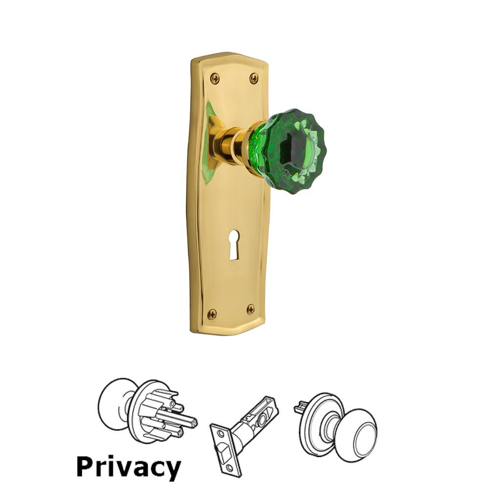 Nostalgic Warehouse - Privacy - Prairie Plate with Keyhole Crystal Emerald Glass Door Knob in Polished Brass