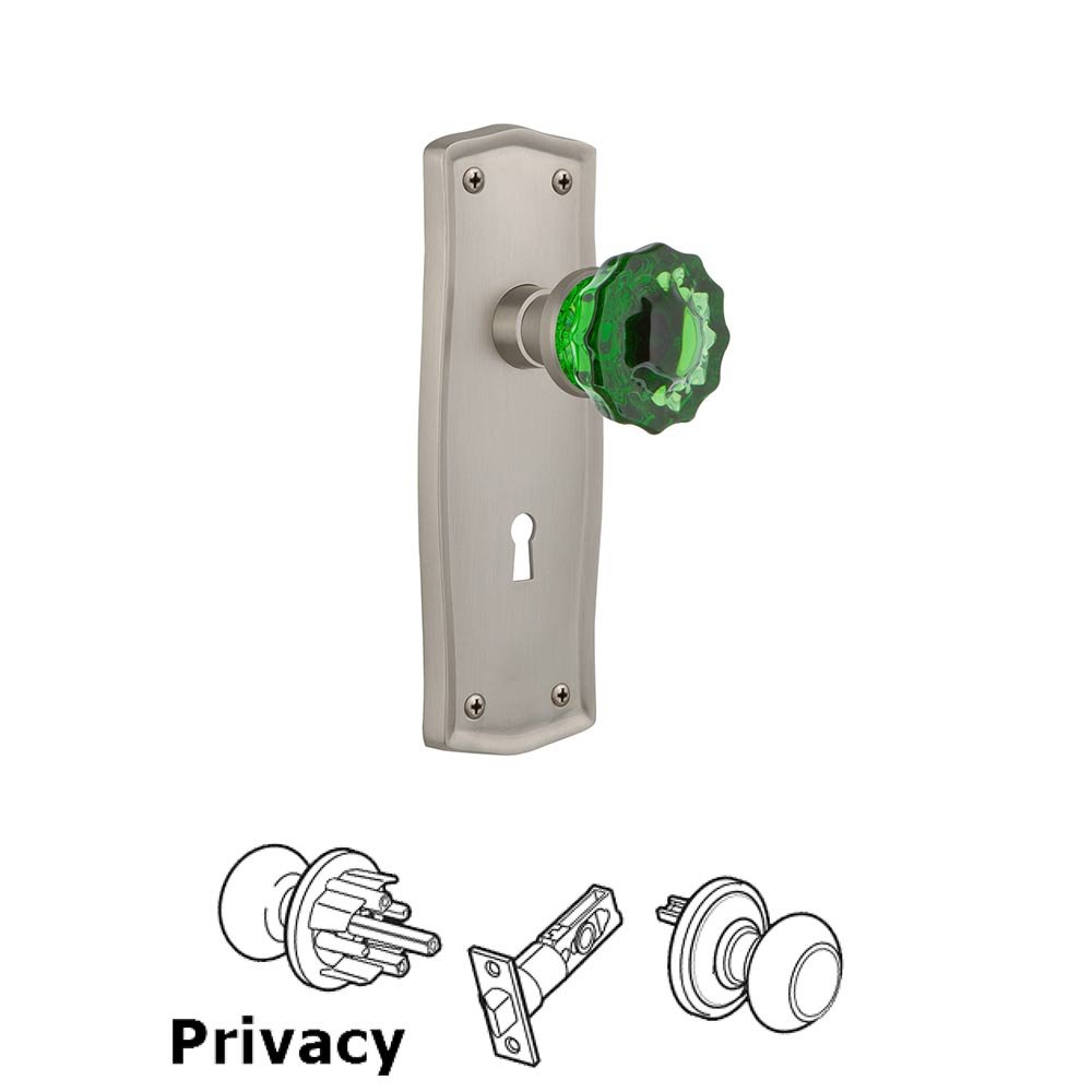 Nostalgic Warehouse - Privacy - Prairie Plate with Keyhole Crystal Emerald Glass Door Knob in Satin Nickel