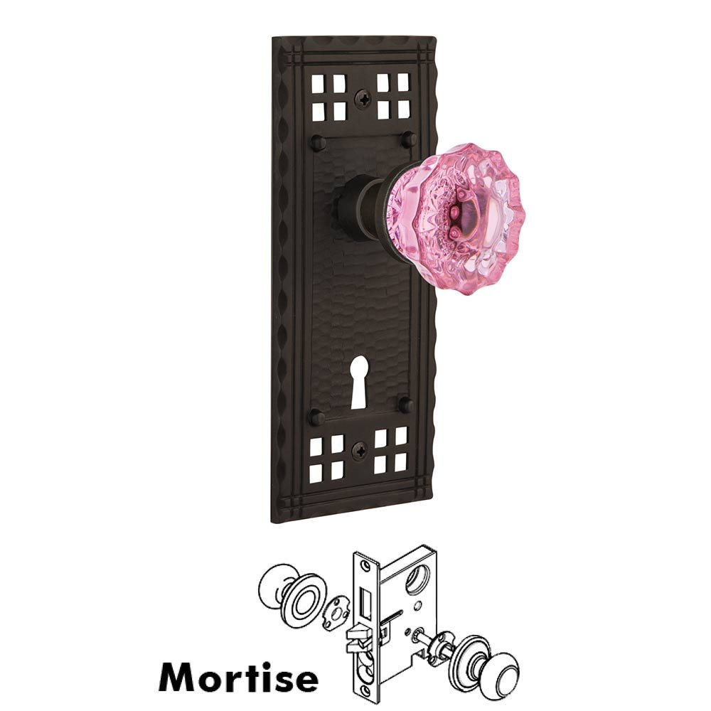 Nostalgic Warehouse - Mortise - Craftsman Plate Crystal Pink Glass Door Knob in Oil-Rubbed Bronze