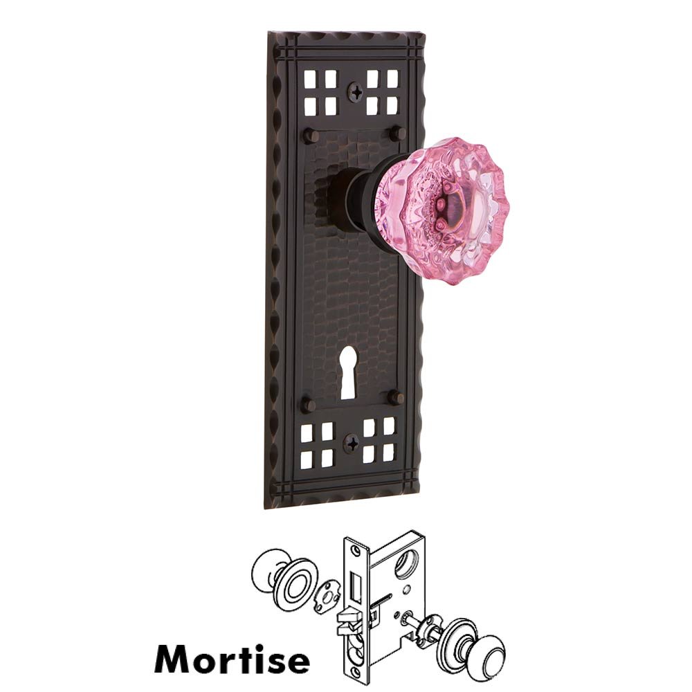 Nostalgic Warehouse - Mortise - Craftsman Plate Crystal Pink Glass Door Knob in Timeless Bronze