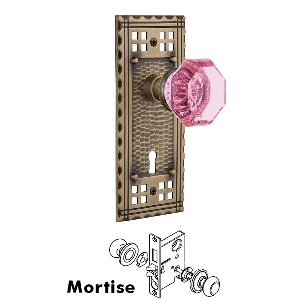 Nostalgic Warehouse - Mortise - Craftsman Plate Waldorf Pink Door Knob in Antique Brass