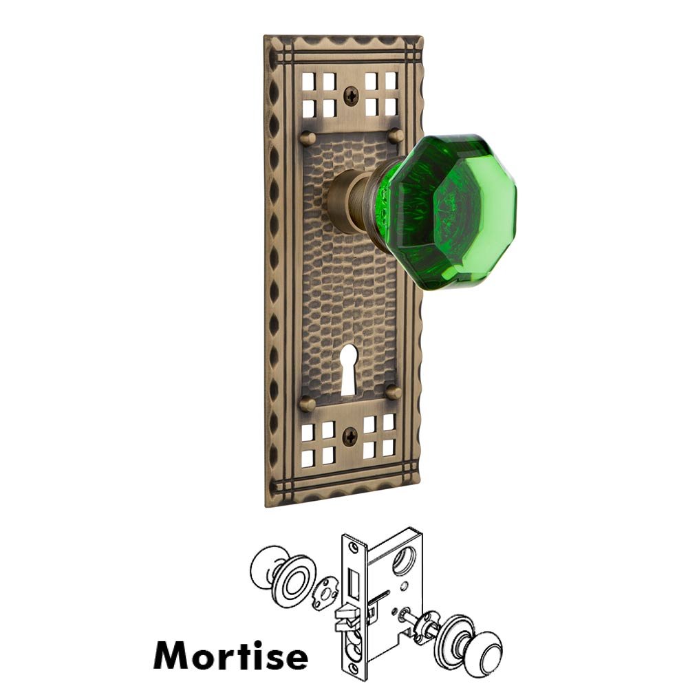 Nostalgic Warehouse - Mortise - Craftsman Plate Waldorf Emerald Door Knob in Antique Brass