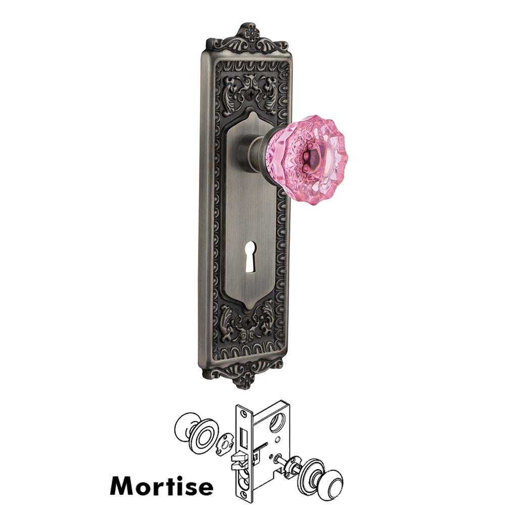 Nostalgic Warehouse - Mortise - Egg & Dart Plate Crystal Pink Glass Door Knob in Antique Pewter