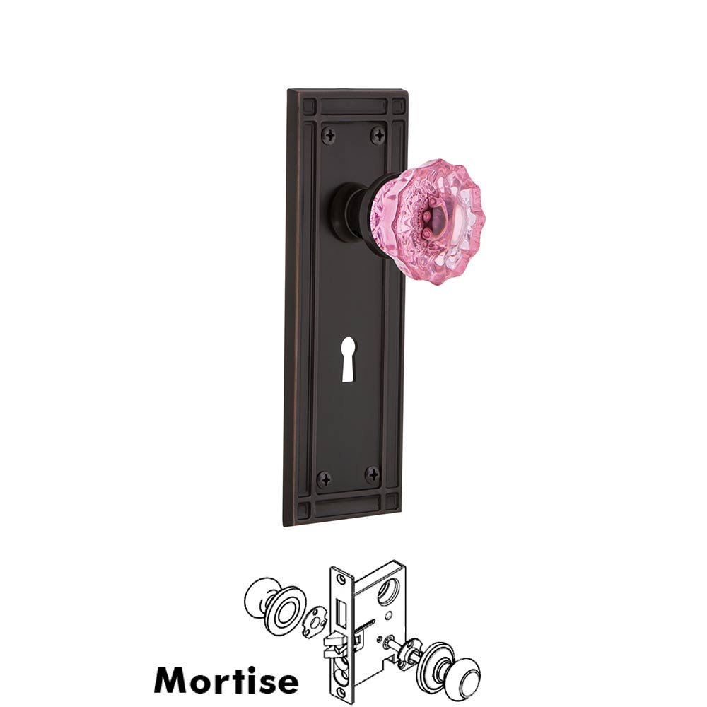 Nostalgic Warehouse - Mortise - Mission Plate Crystal Pink Glass Door Knob in Timeless Bronze