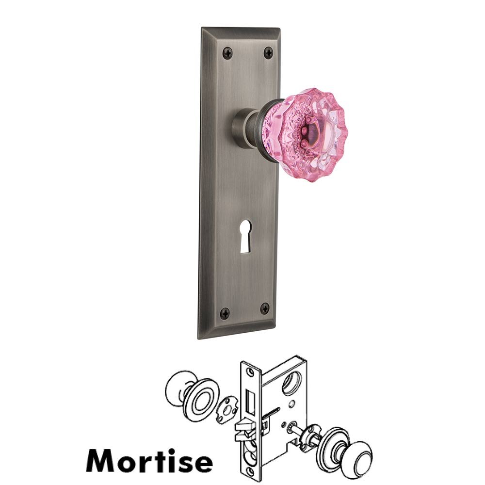 Nostalgic Warehouse - Mortise - New York Plate Crystal Pink Glass Door Knob in Antique Pewter