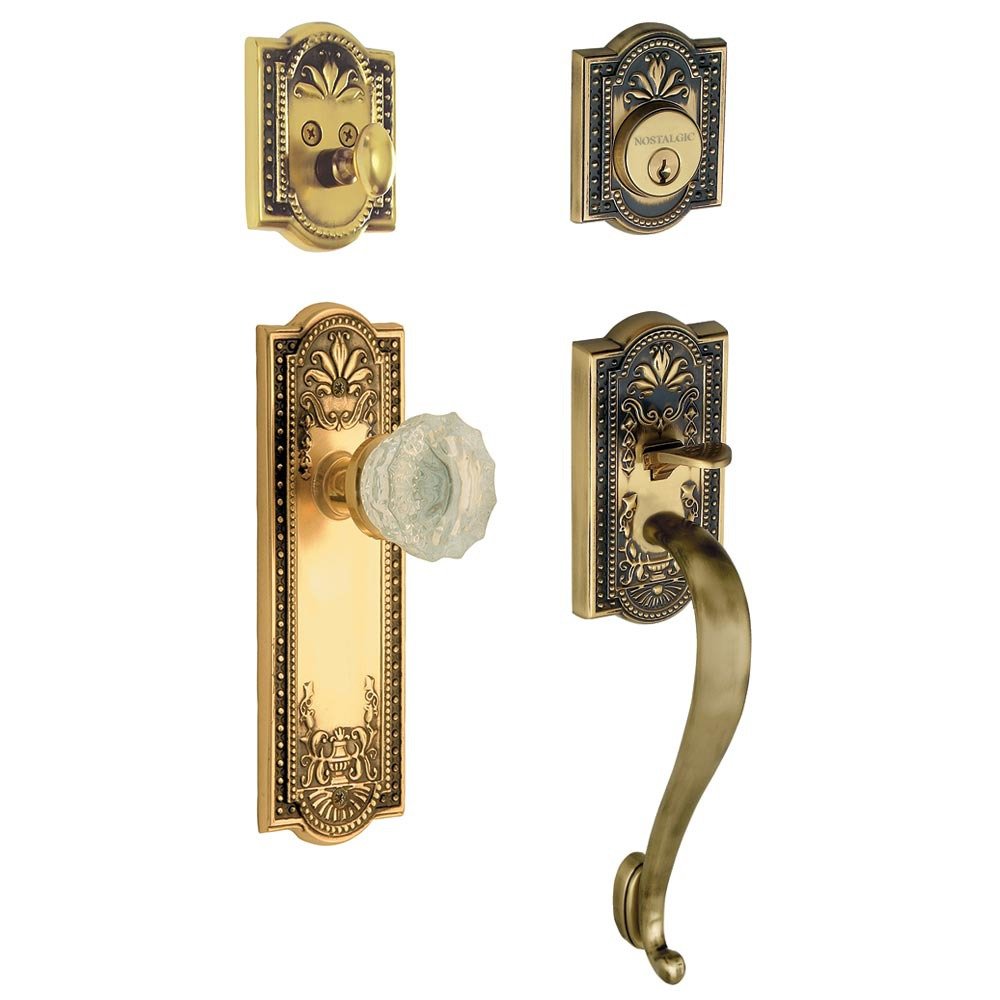 Handleset - Meadows with "S" Grip and Crystal Knob in Antique Brass and Vintage Brass