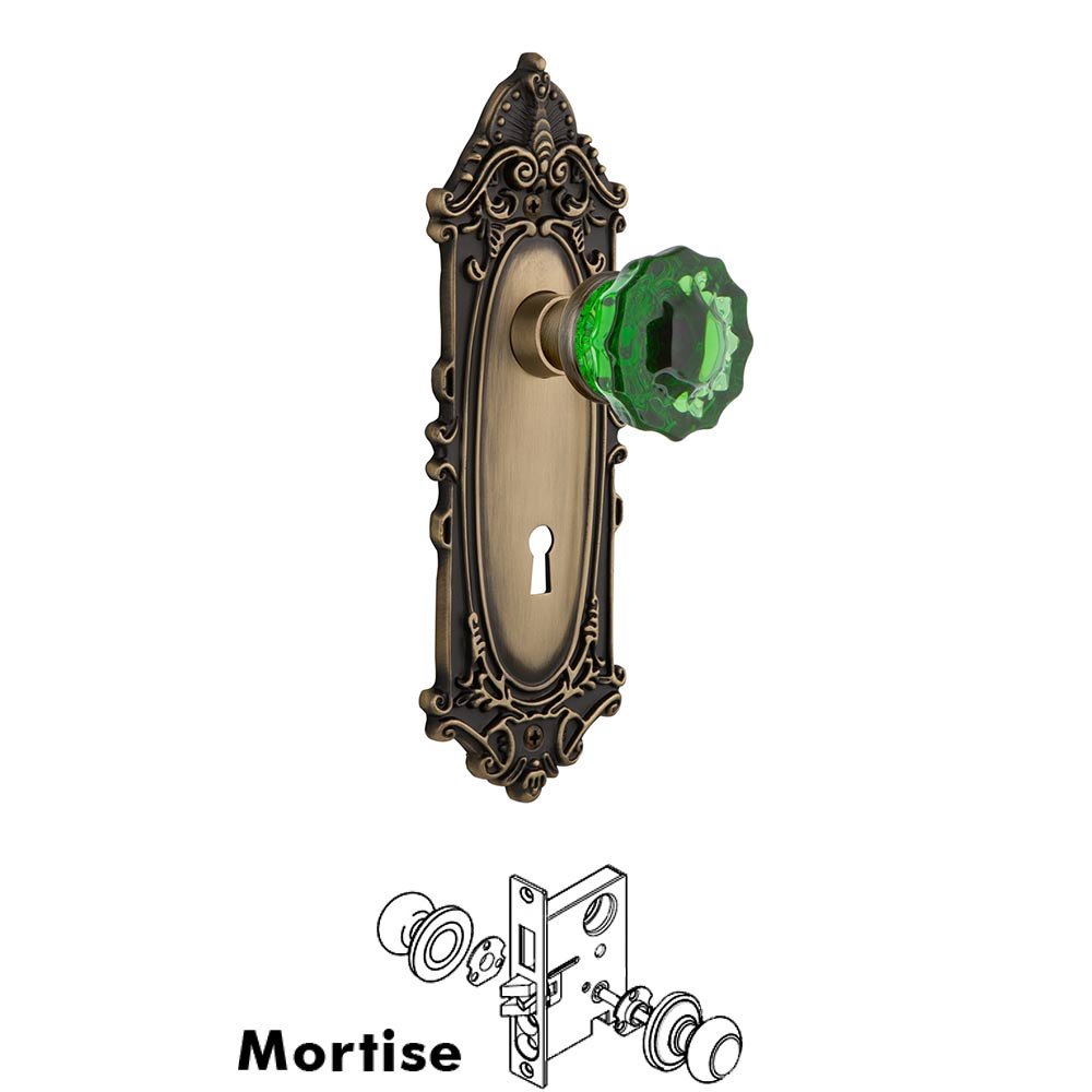 Nostalgic Warehouse - Mortise - Victorian Plate Crystal Emerald Glass Door Knob in Polished Brass