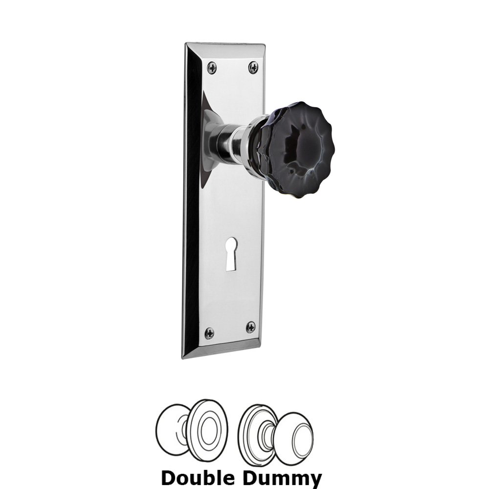 Nostalgic Warehouse - Double Dummy - New York Plate with Keyhole Crystal Black Glass Door Knob in Bright Chrome
