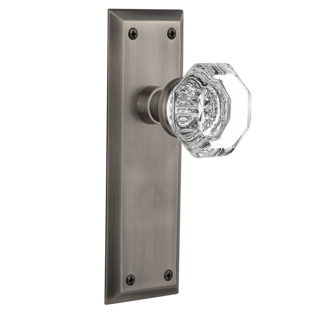 Privacy Knob - New York Plate with Waldorf Crystal Door Knob in Antique Pewter