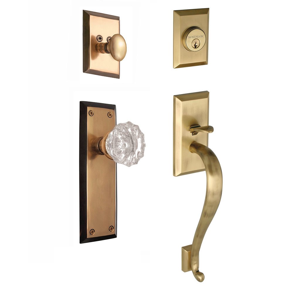 Handleset - New York with "S" Grip and Crystal Knob in Antique Brass and Vintage Brass