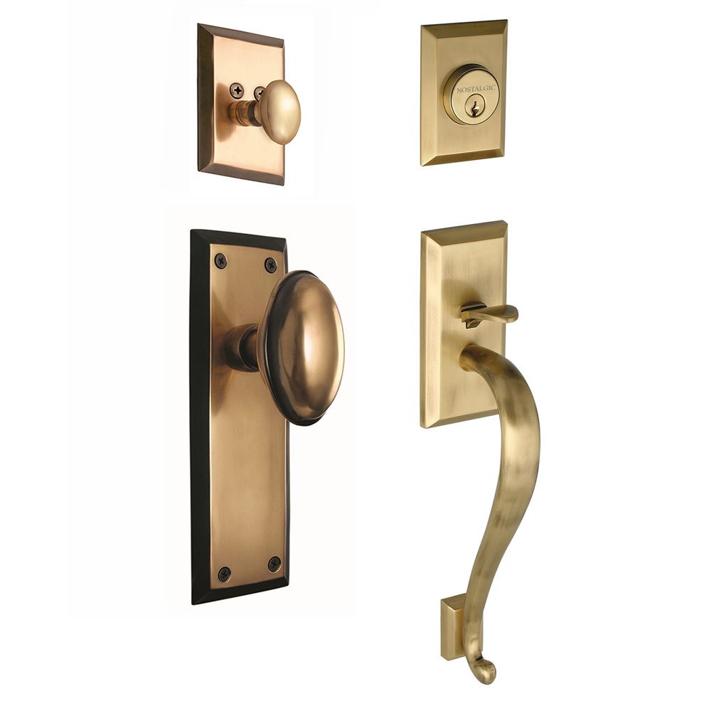 Handleset - New York with "S" Grip and Homestead Knob in Antique Brass and Vintage Brass