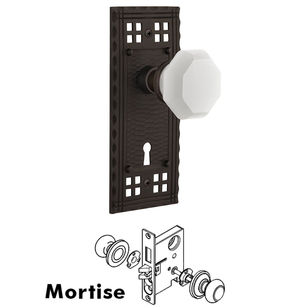Interior Mortise - Craftsman Plate with Waldorf White Milk Glass Knob in Oil-Rubbed Bronze