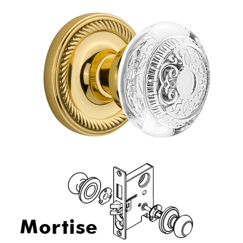 Mortise - Rope Rosette With Crystal Egg & Dart Knob in Unlacquered Brass