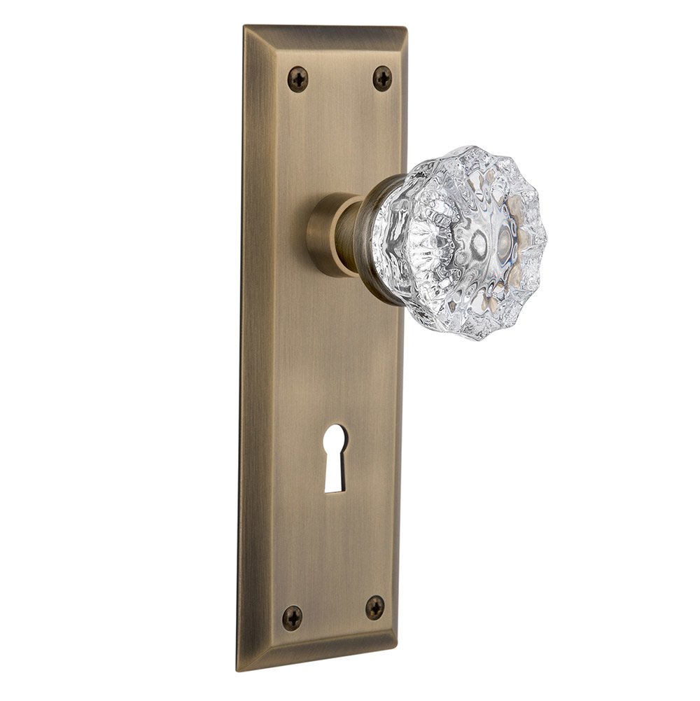 Interior Mortise New York Plate Crystal Glass Door Knob in Antique Brass