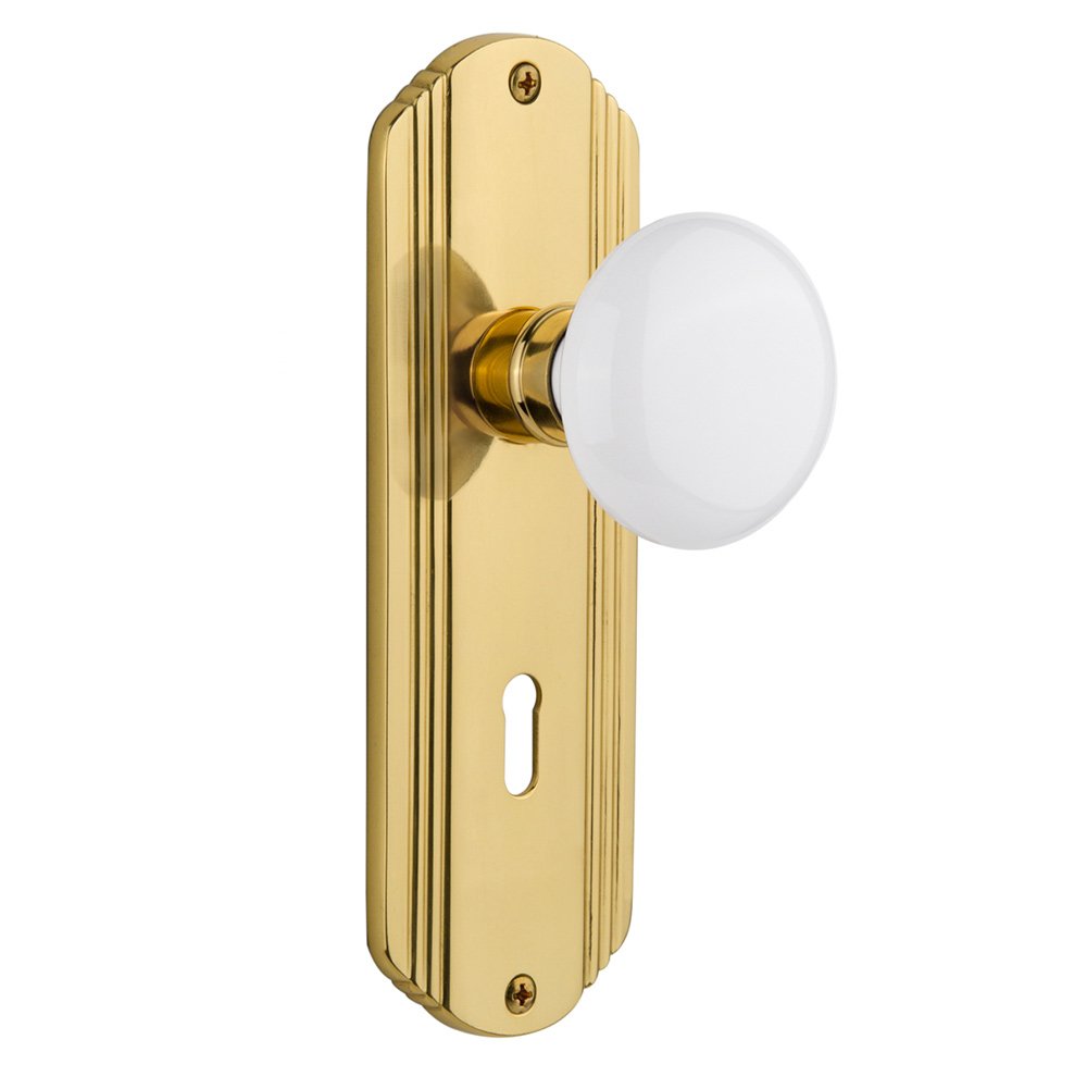 Passage Deco Plate with Keyhole and White Porcelain Door Knob in Unlacquered Brass