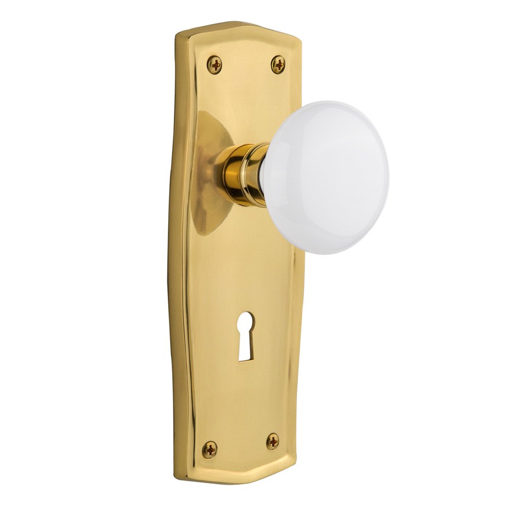 Passage Prairie Plate with Keyhole and White Porcelain Door Knob in Unlacquered Brass
