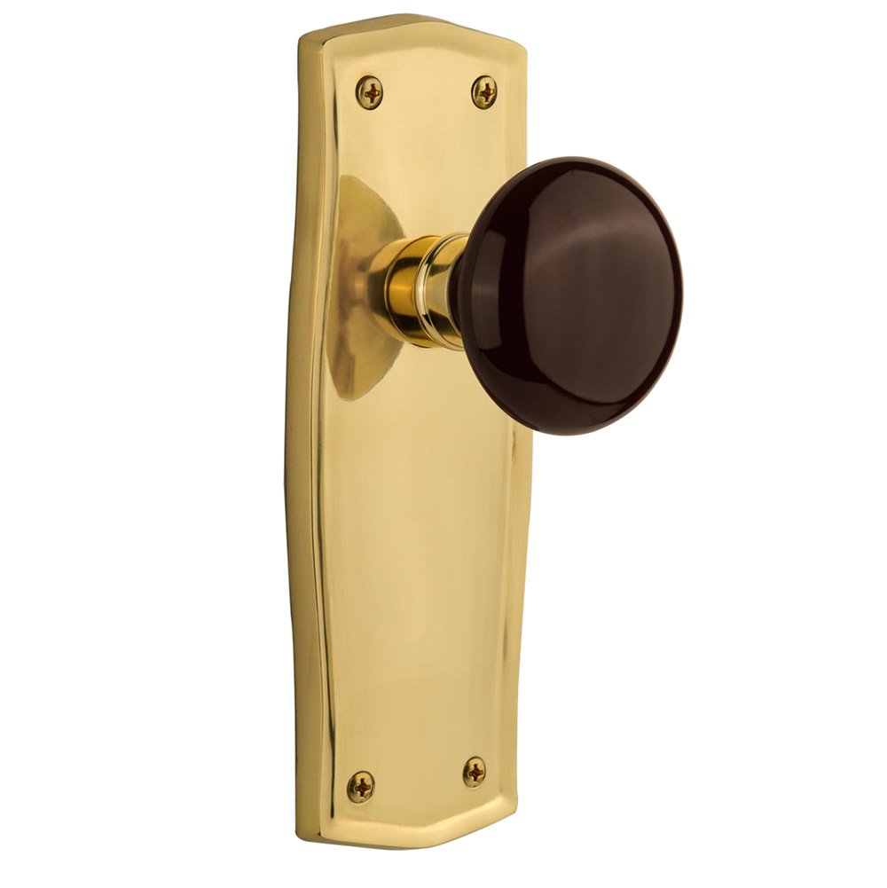 Double Dummy Prairie Plate with Brown Porcelain Door Knob in Unlacquered Brass