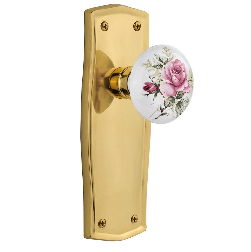 Double Dummy Prairie Plate with White Rose Porcelain Door Knob in Polished Brass