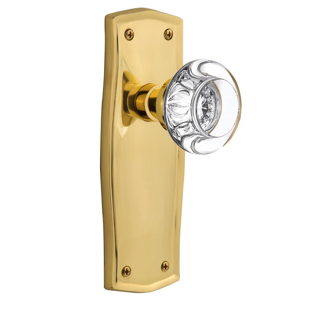 Single Dummy Prairie Plate with Round Clear Crystal Glass Door Knob in Unlacquered Brass