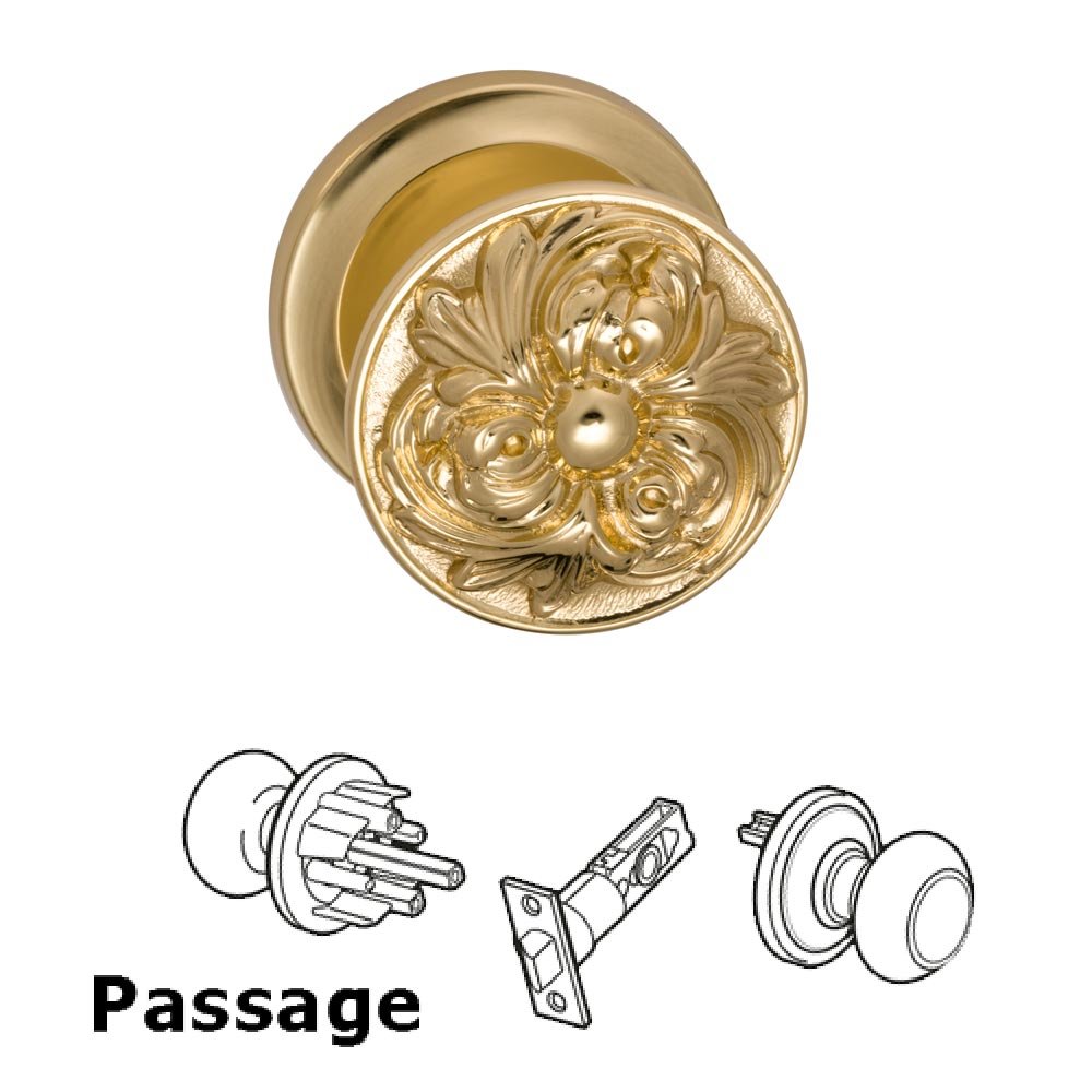 Passage Latchset Ornate Flower Knob with Radial Rosette in Polished Brass Lacquered