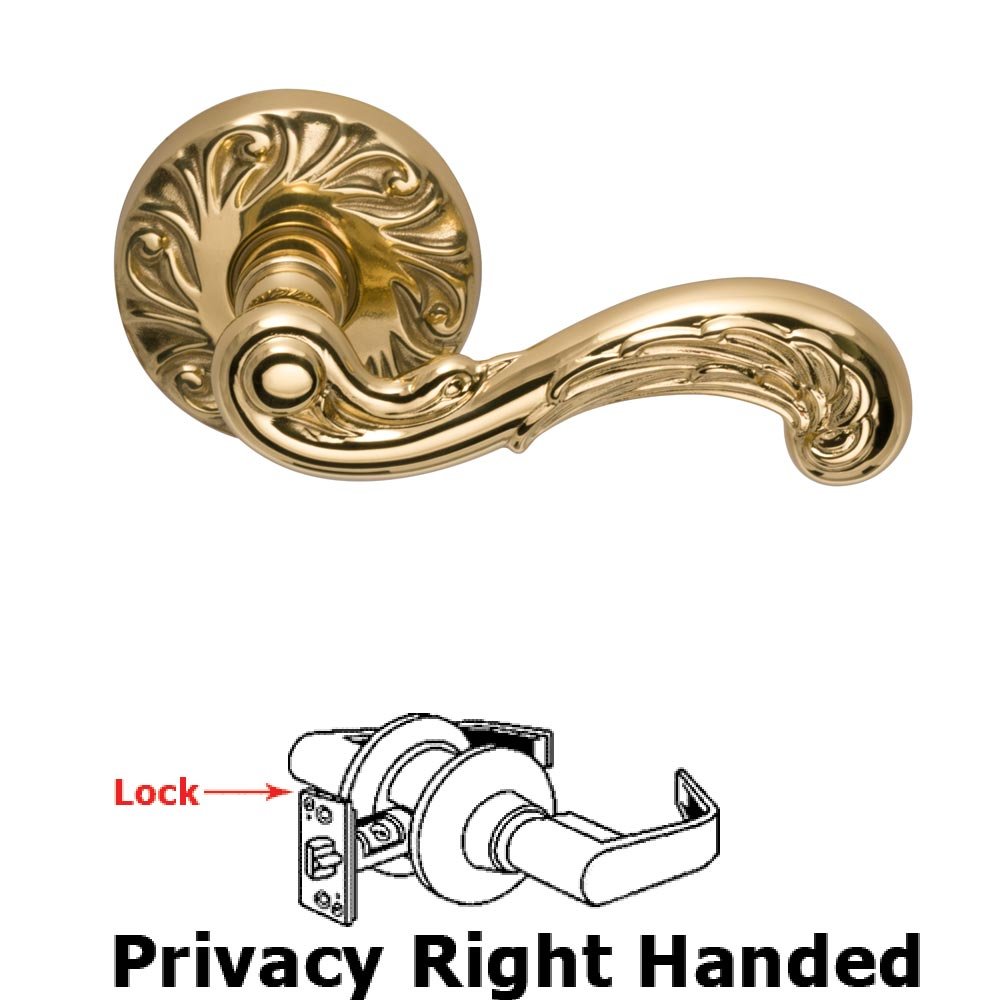 Privacy Carved Wave Right Handed Lever with Carved Rosette in Polished Brass Lacquered