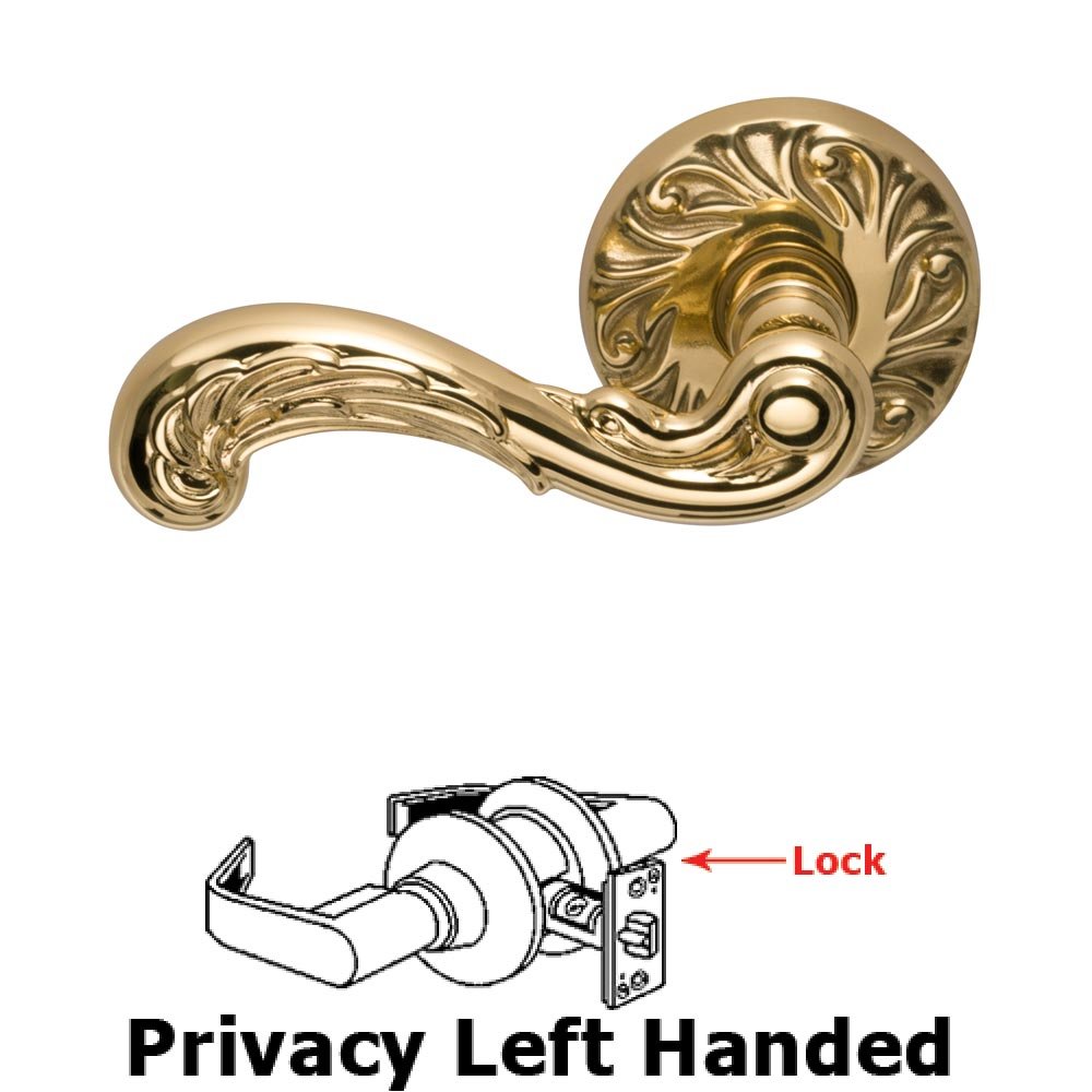 Privacy Carved Wave Left Handed Lever with Carved Rosette in Polished Brass Lacquered
