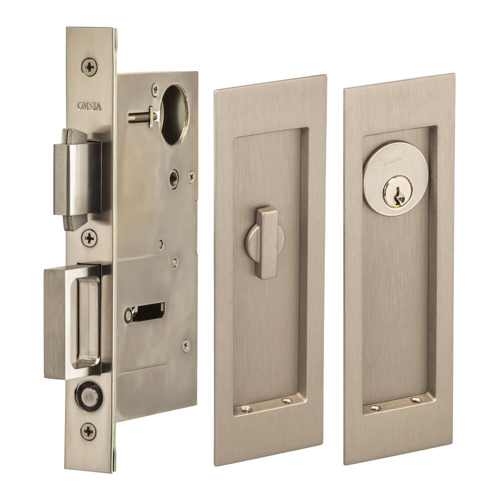 Large Modern Rectangular Keyed Pocket Door Mortise Lock in Satin Nickel Lacquered