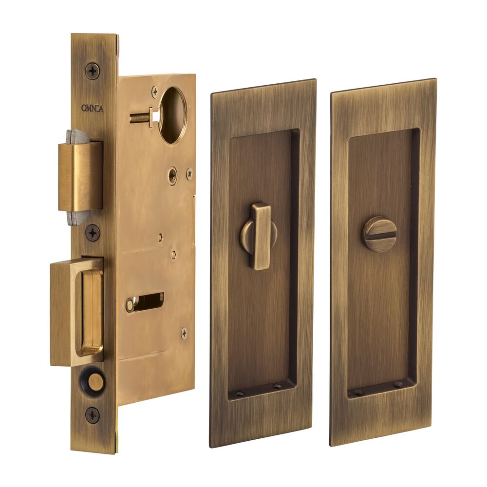 Large Modern Rectangle Privacy Pocket Door Mortise Lock in Antique Brass Lacquered