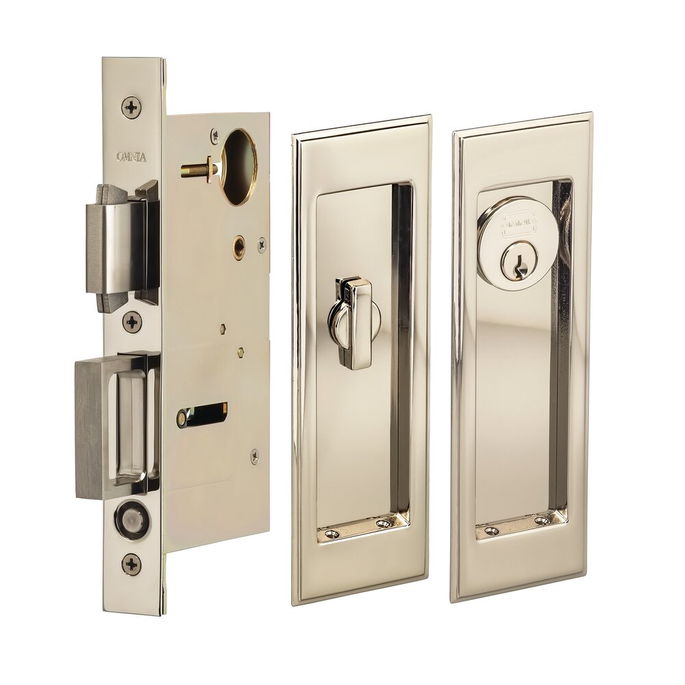 Large Stepped Rectangle Keyed Pocket Door Mortise Lock in Polished Polished Nickel Lacquered