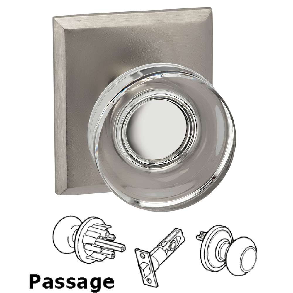 Passage Puck Glass Knob With Rectangular Rose in Satin Nickel Lacquered