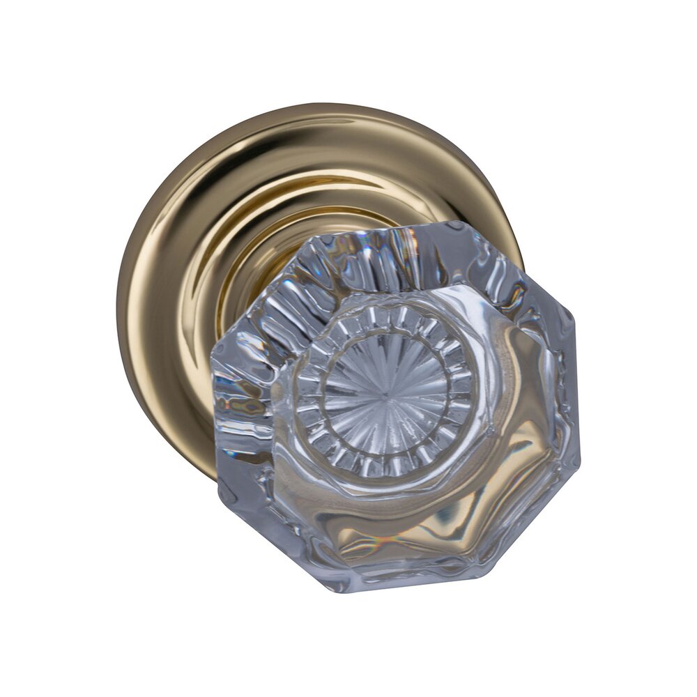 Passage Glass Knob with Traditional Rose in Polished Brass Unlacquered