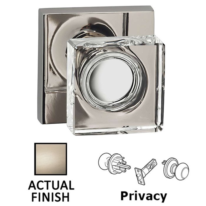 Privacy Square Glass Knob With Square Rose in Satin Nickel Lacquered