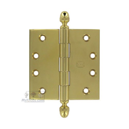 4" x 4" Plain Bearing, Solid Brass Hinge with Acorn Finials in Polished Brass Lacquered