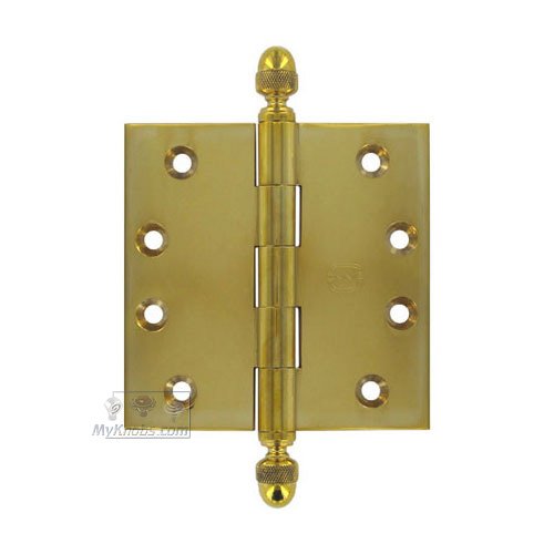 4" x 4" Plain Bearing, Solid Brass Hinge with Acorn Finials in Polished Brass Unlacquered