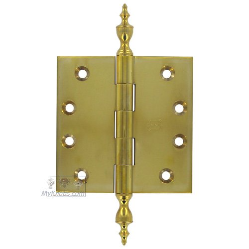 4" x 4" Plain Bearing, Solid Brass Hinge with Urn Finials in Polished Brass Unlacquered