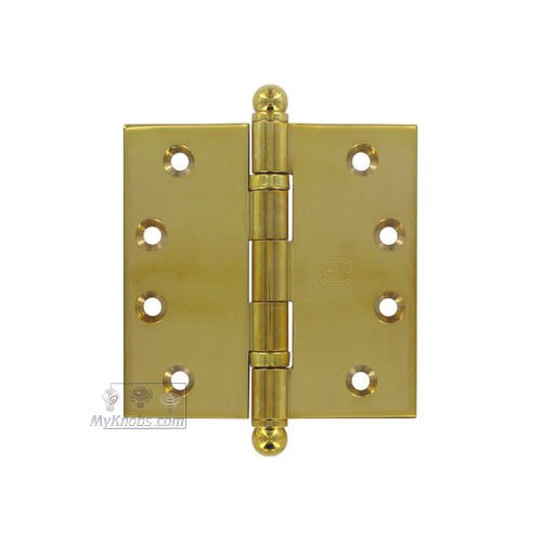 4" x 4" Ball Bearing, Solid Brass Hinge with Ball Finials in Polished Brass Unlacquered