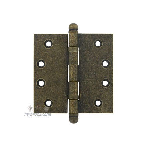 4" x 4" Ball Bearing, Solid Brass Hinge with Ball Finials in Vintage Brass