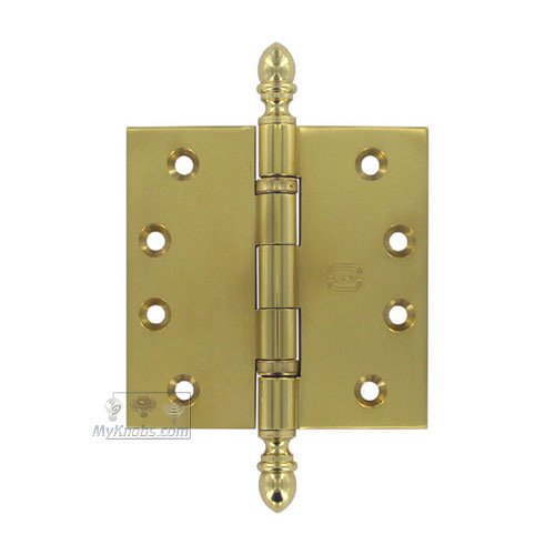 4" x 4" Ball Bearing, Solid Brass Hinge with Crown Finials in Polished Brass Lacquered