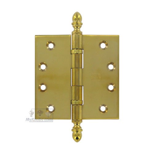 4" x 4" Ball Bearing, Solid Brass Hinge with Crown Finials in Polished Brass Unlacquered