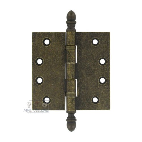 4" x 4" Ball Bearing, Solid Brass Hinge with Crown Finials in Vintage Brass