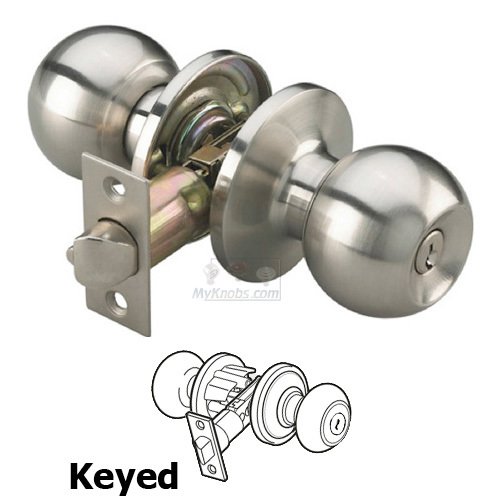 Keyed Ball Door Knob with 4-Way Latch in Satin Nickel