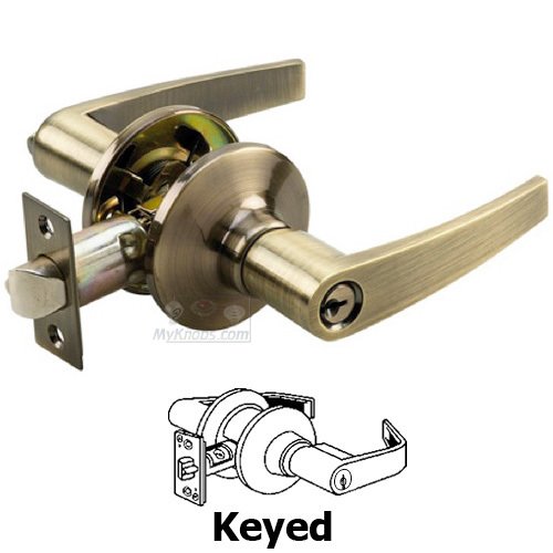 Keyed Straight Door Lever with 4-Way Latch in Antique Brass