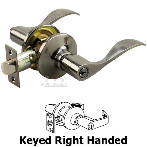 Right Handed Keyed Wave Door Lever with 4-Way Latch in Antique Nickel