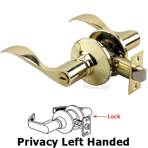Left Handed Privacy Wave Door Lever with 4-Way Latch in Bright Brass