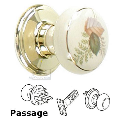 Porcelain Passage Door Knob in Brass And Almond with Gold Line and Leaf Design